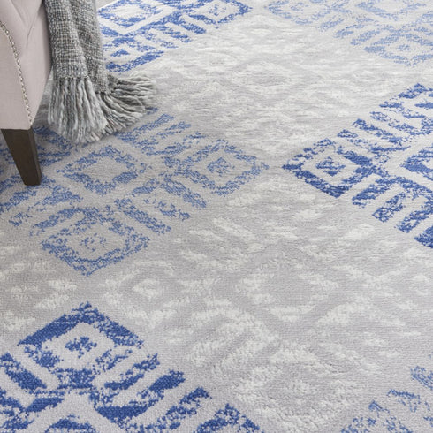 8' Beige Blue and Gray Geometric Round Rug
