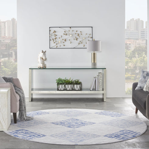 8' Beige Blue and Gray Geometric Round Rug