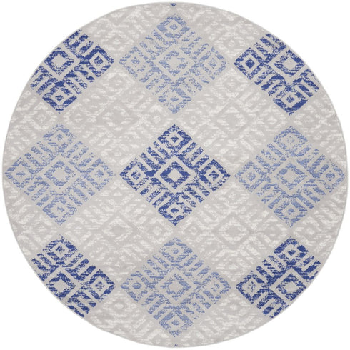 8' Beige Blue and Gray Geometric Round Rug