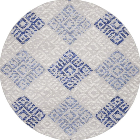 8' Beige Blue and Gray Geometric Round Rug