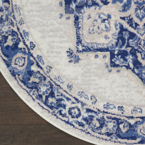 8' Ivory and Blue Floral Round Rug