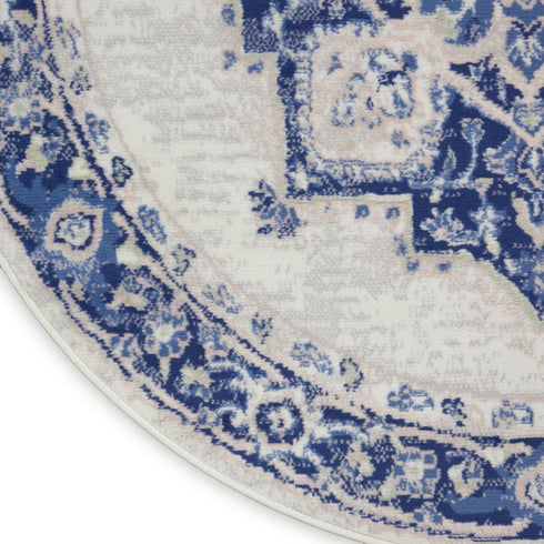 8' Ivory and Blue Floral Round Rug