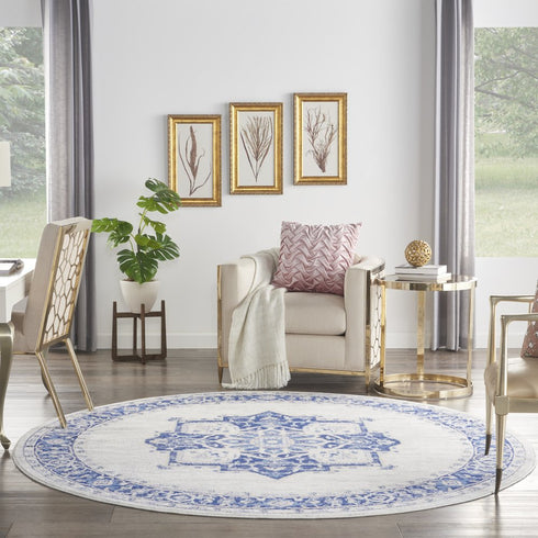 8' Ivory and Blue Floral Round Rug