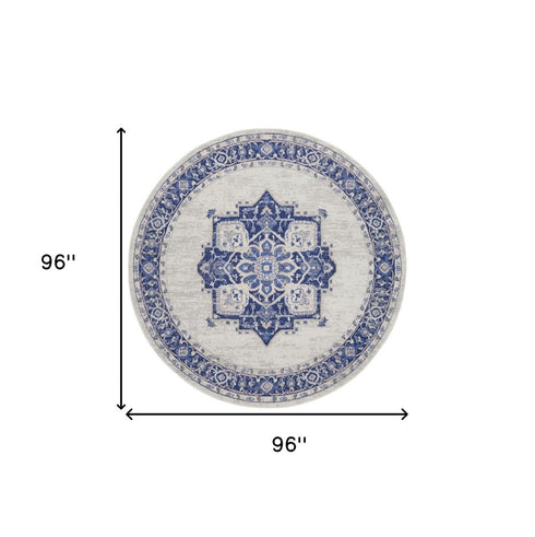 8' Ivory and Blue Floral Round Rug