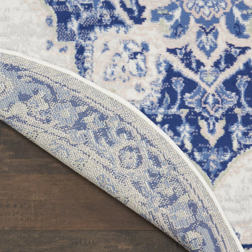 8' Ivory and Blue Floral Round Rug