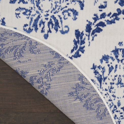 8' Ivory and Navy Blue Damask Distressed Round Rug