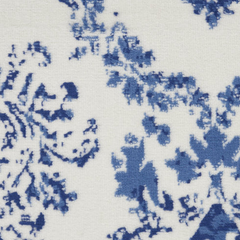 8' Ivory and Navy Blue Damask Distressed Round Rug