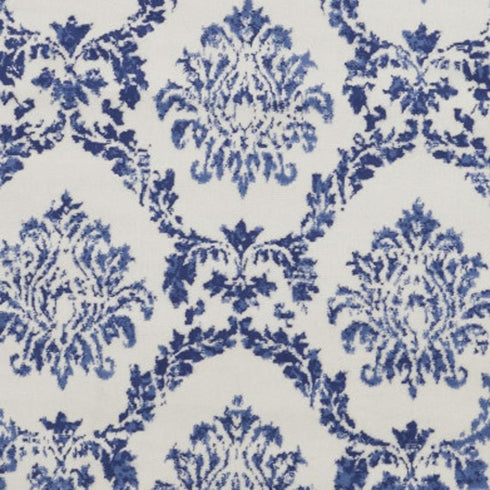 8' Ivory and Navy Blue Damask Distressed Round Rug