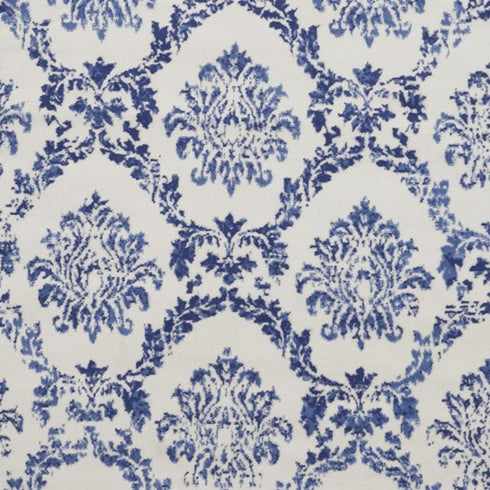 8' Ivory and Navy Blue Damask Distressed Round Rug