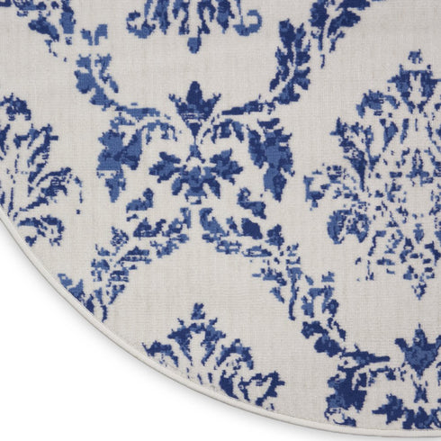 8' Ivory and Navy Blue Damask Distressed Round Rug