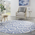 8' Ivory and Navy Blue Damask Distressed Round Rug