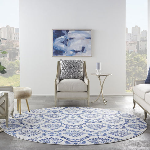 8' Ivory and Navy Blue Damask Distressed Round Rug