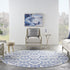 8' Ivory and Navy Blue Damask Distressed Round Rug