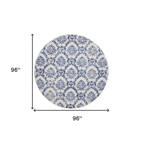8' Ivory and Navy Blue Damask Distressed Round Rug