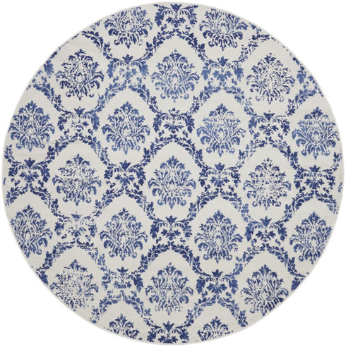 8' Ivory and Navy Blue Damask Distressed Round Rug