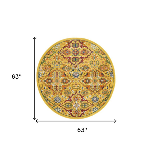 5' Yellow Round Floral Power Loom Area Rug