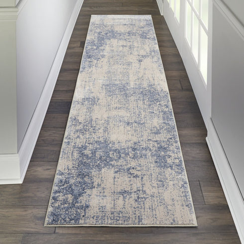 8' Ivory And Blue Abstract Non Skid Runner Rug