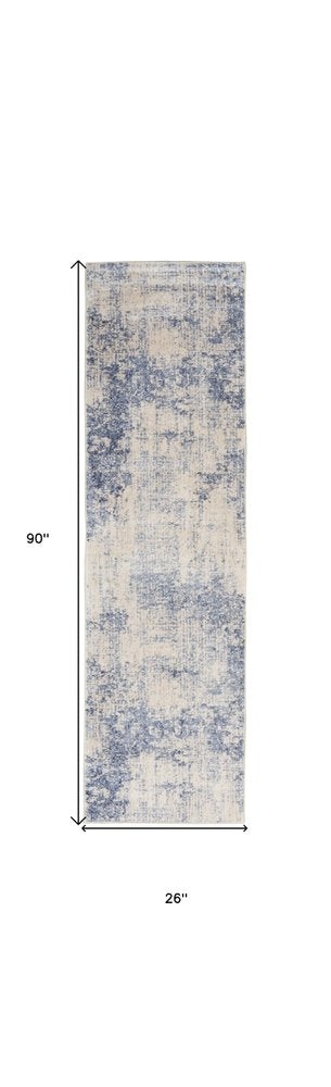 8' Ivory And Blue Abstract Non Skid Runner Rug