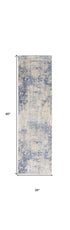 8' Ivory And Blue Abstract Non Skid Runner Rug