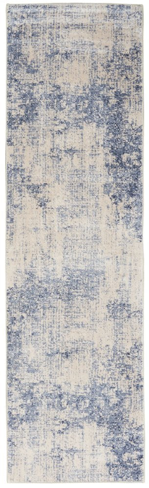 8' Ivory And Blue Abstract Non Skid Runner Rug