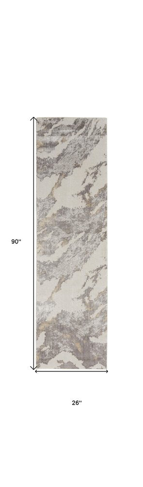 8' Ivory Brown And Gray Abstract Non Skid Runner Rug