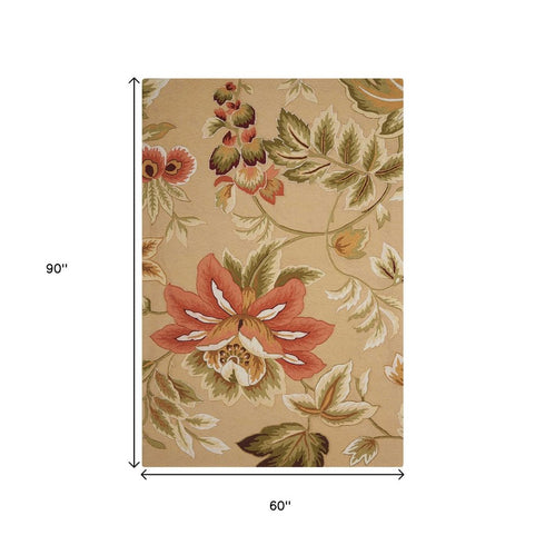 5' X 8' Beige and Red Botanical Leaves Hand Carved Handmade Area Rug
