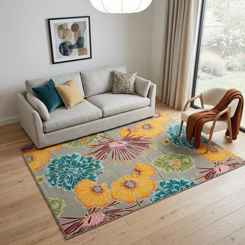 5' X 8' Gray Red and Yellow Floral Hand Carved Handmade Area Rug