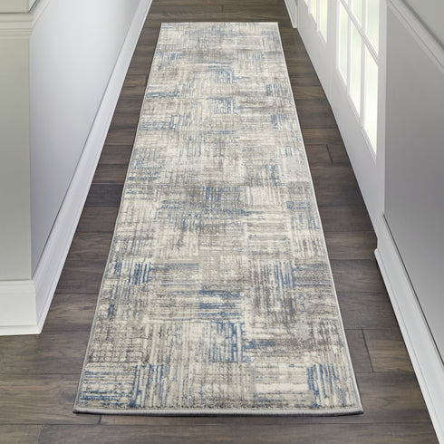 7' Ivory Blue And Gray Abstract Distressed Runner Rug