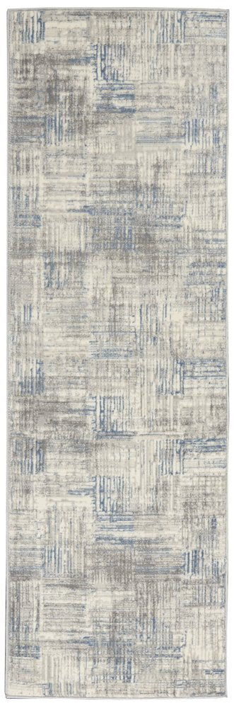 7' Ivory Blue And Gray Abstract Distressed Runner Rug