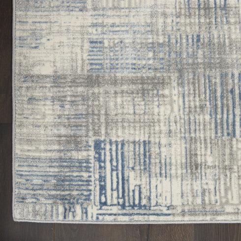 7' Ivory Blue And Gray Abstract Distressed Runner Rug