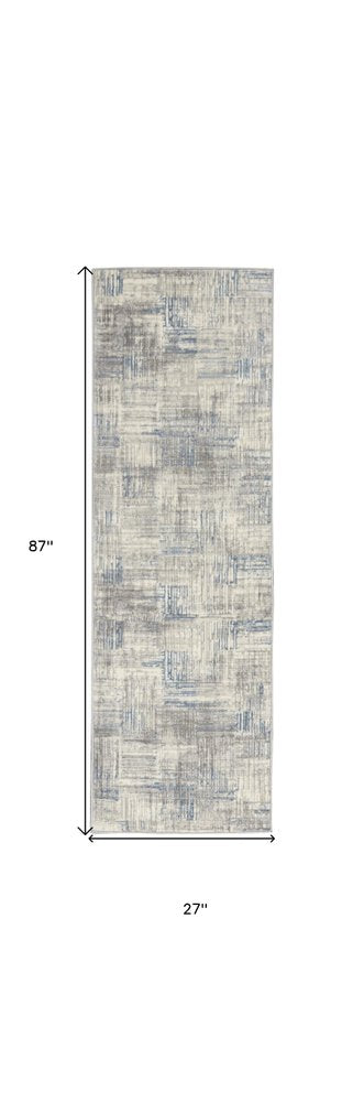 7' Ivory Blue And Gray Abstract Distressed Runner Rug