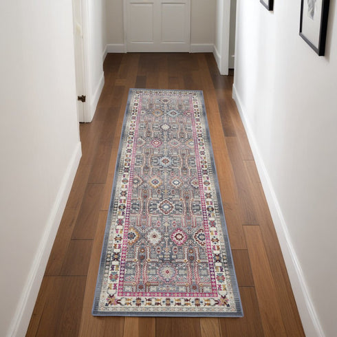8' X 10' Ivory Pink And Gray Floral Distressed Non Skid Area Rug