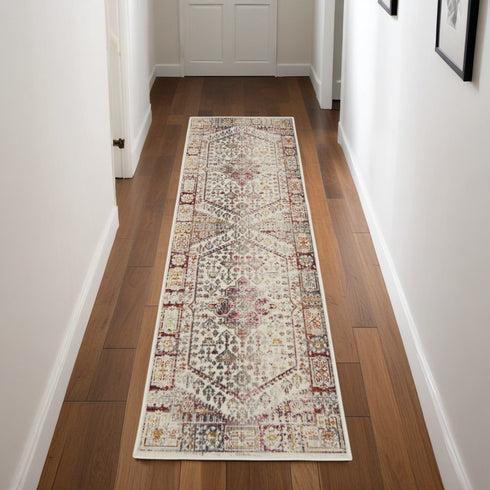 8' X 10' Ivory Red And Orange Floral Distressed Non Skid Area Rug