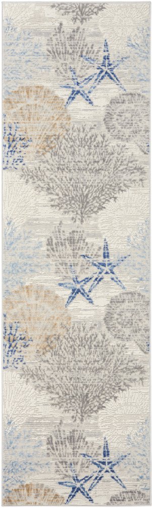 8' Ivory Blue And Gray Seashell and Coral Non Skid Runner Rug