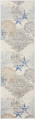 8' Ivory Blue And Gray Seashell and Coral Non Skid Runner Rug