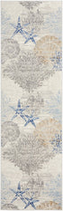 8' Ivory Blue And Gray Seashell and Coral Non Skid Runner Rug