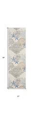 8' Ivory Blue And Gray Seashell and Coral Non Skid Runner Rug