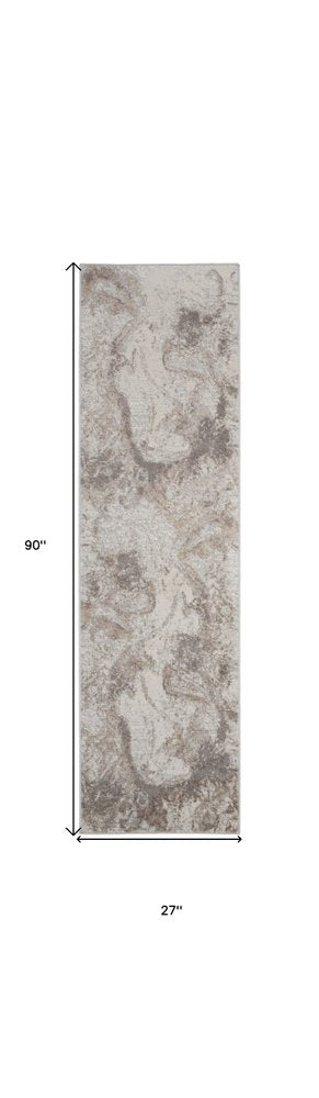 8' Ivory and Gray Abstract Non Skid Runner Rug