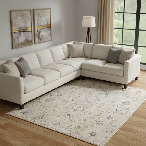 8' X 10' Cream Black And Yellow Floral Distressed Area Rug