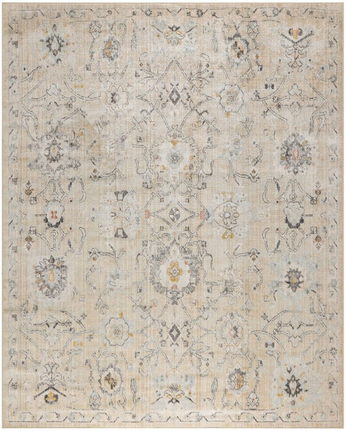 8' X 10' Cream Black And Yellow Floral Distressed Area Rug