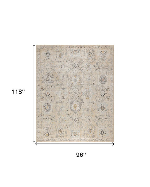 8' X 10' Cream Black And Yellow Floral Distressed Area Rug