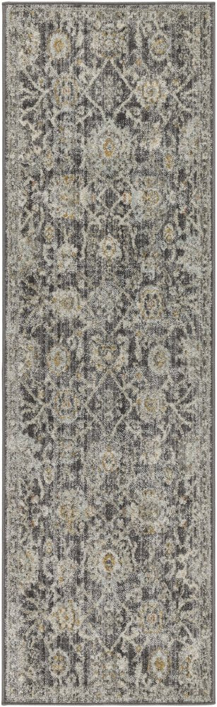 8' Beige And Charcoal Floral Distressed Runner Rug