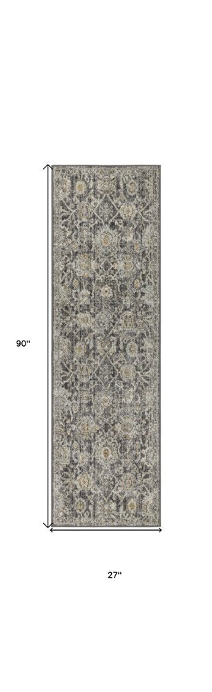 8' Beige And Charcoal Floral Distressed Runner Rug