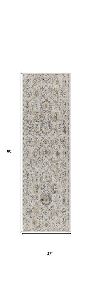 8' Gray Ivory And Yellow Floral Distressed Runner Rug
