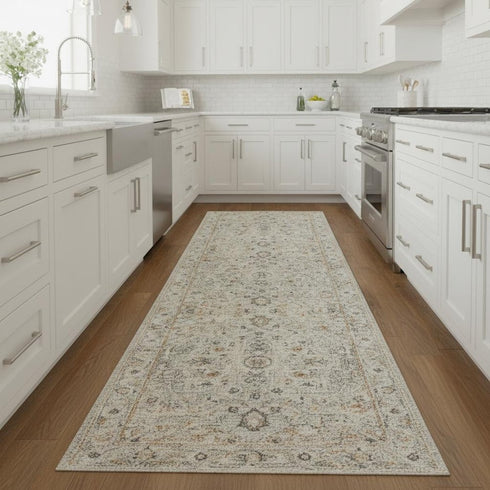 8' Light Gray Black And Yellow Floral Distressed Runner Rug