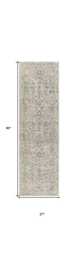 8' Light Gray Black And Yellow Floral Distressed Runner Rug