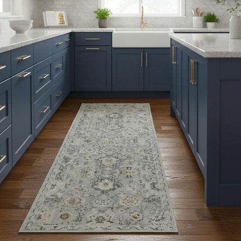 8' Black Mint Green And Ivory Floral Distressed Runner Rug