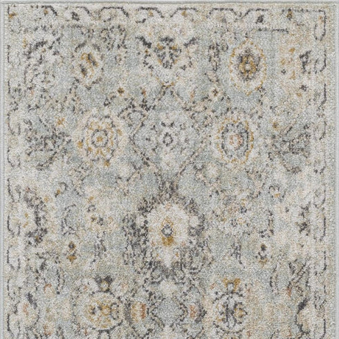 8' Black Mint Green And Ivory Floral Distressed Runner Rug