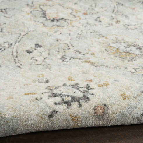 8' Black Mint Green And Ivory Floral Distressed Runner Rug