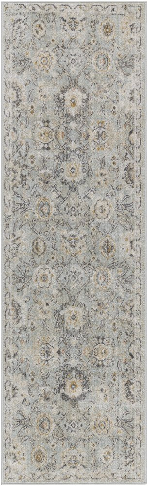 8' Black Mint Green And Ivory Floral Distressed Runner Rug